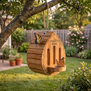 May include: A wooden butterfly house with a rounded top and a rope hanger, featuring the text Monarch Hotel engraved on the front. The structure has three vertical slits and a small circular platform, with two butterflies resting on the wood.