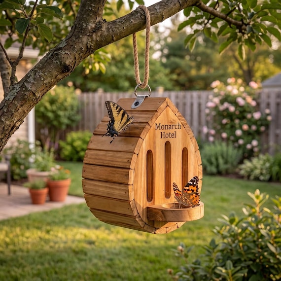 Personalized Garden Butterfly House with Feeder Station, Custom Pollinator Habitat, Handmade Yard Decorating Gift, Butterfly Lovers Gift