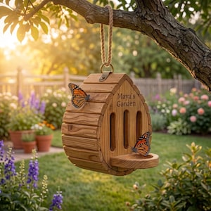 May include: A wooden butterfly house with a rounded roof and a rope hanger. The front features three vertical slots, a small circular landing platform, and the engraved text "Maya's Garden." Two orange and black monarch butterflies rest on the wood.