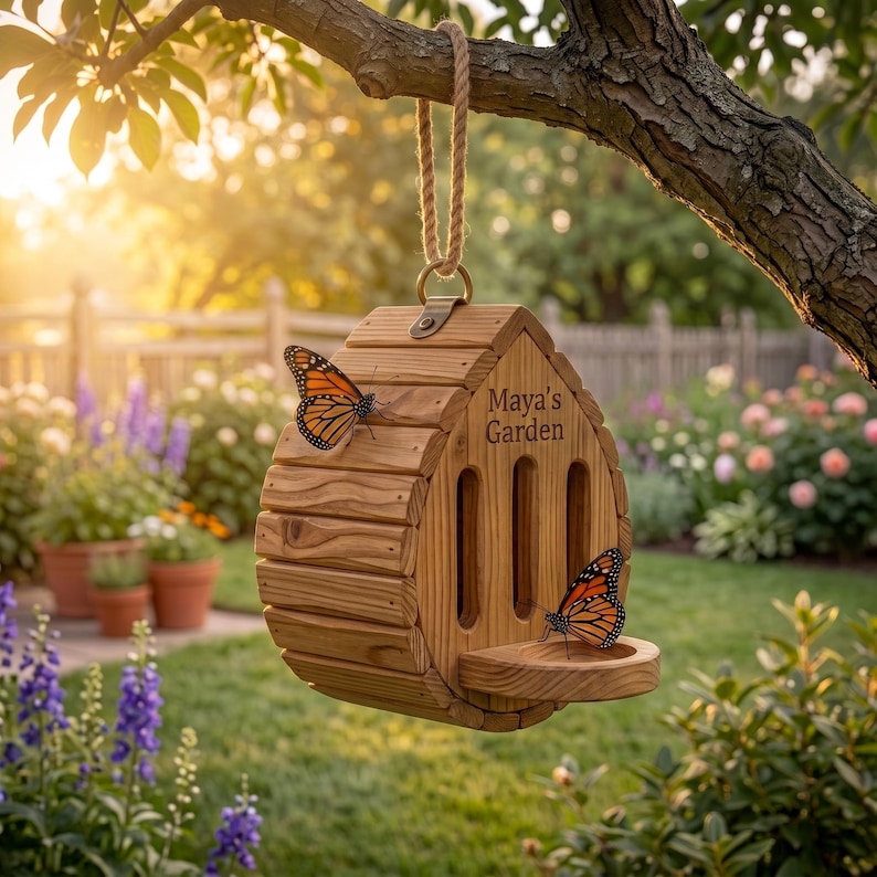 May include: A wooden butterfly house with a rounded roof and a rope hanger. The front features three vertical slots, a small circular landing platform, and the engraved text "Maya's Garden." Two orange and black monarch butterflies rest on the wood.