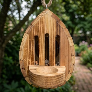 May include: A teardrop-shaped wooden birdhouse with a natural light brown finish and visible wood grain. It features three vertical rectangular openings on the front, a small semi-circular perch at the base, and a rope loop at the top for hanging.