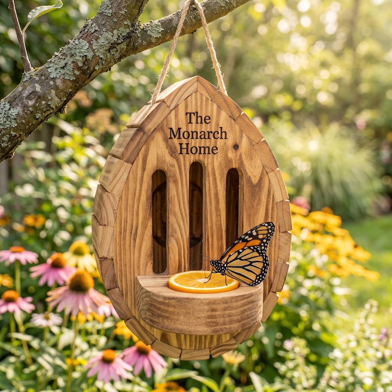 May include: A teardrop-shaped wooden butterfly house with a natural grain finish, featuring three vertical slots and a small shelf holding a fresh orange slice. The text "The Monarch Home" is engraved on the front, and a monarch butterfly rests on the fruit.