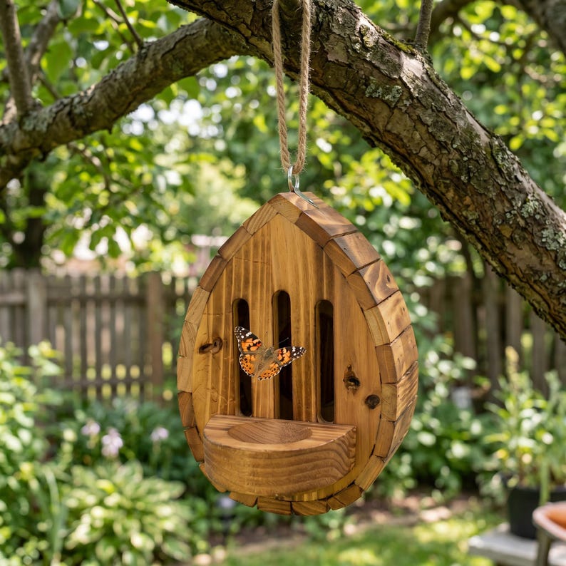 May include: A teardrop-shaped wooden butterfly house with a natural brown finish, featuring vertical slats and a small landing platform. A single orange and black butterfly is perched on the front of the structure, which hangs from a jute rope.