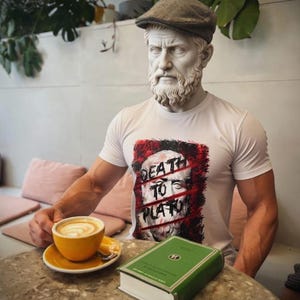 Puede incluir: Una camiseta blanca con la inscripción "DEATH TO PLATO". La imagen también muestra una estatua de un hombre con gorra de tweed, sosteniendo una taza de café y un libro verde.