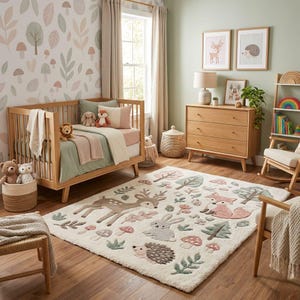 Woodland Nursery Rug Boho Hand Tufted Wool Cream Pastel Forest Animal 3D Plush Kids Playroom Decor Custom Sizes 4x6 5x8 6x9 8x10 9x12 ft