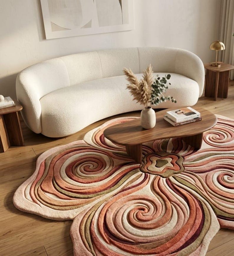 Swirl Floral Shaped Rug Retro Mid Century Boho Hand Tufted Wool ...