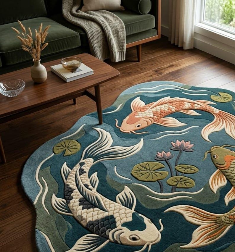 Rug Design Guide Koi Fish Pond Hand Tufted Rug, Irregular Shaped Wool Area Carpet - Etsy