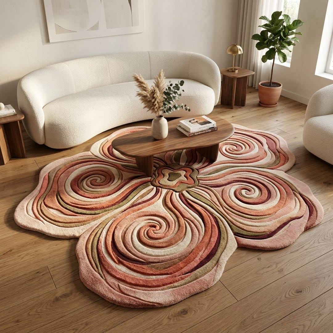 Swirl Floral Shaped Rug Retro Mid Century Boho Hand Tufted Wool ...