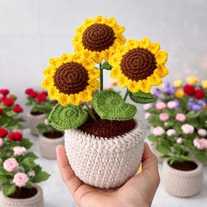 May include: A crocheted sunflower arrangement in a cream-coloured pot. The sunflowers have yellow petals and brown centres, with green leaves. The pot is held in a hand, with other potted flowers in the background.