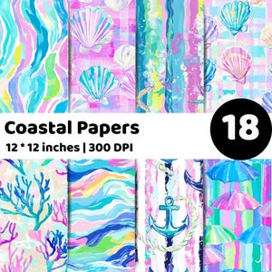 May include: A collection of 18 digital papers featuring coastal patterns including seashells, coral, anchors, and umbrellas in vibrant pink, blue, green, and yellow hues. Each paper measures 12 by 12 inches at 300 DPI, labeled Coastal Papers.