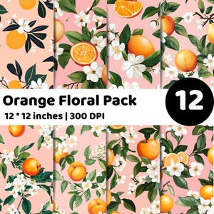 Könnte beinhalten: Ein "Orange Floral Pack" mit 12 Designs, jeweils 30,48 x 30,48 cm bei 300 DPI. Die Designs zeigen Orangen, weiße Blüten und grüne Blätter auf rosa Hintergrund. Ein schwarzer Kreis mit der Zahl 12 ist ebenfalls vorhanden.