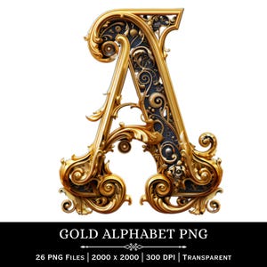 May include: Ornate gold letter "A" with intricate scrollwork and dark blue accents. The design features a vintage aesthetic. The image includes the text "GOLD ALPHABET PNG" and details about the PNG files.