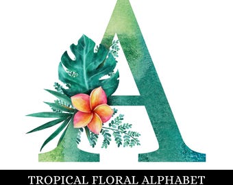 Tropiskt blommigt alfabet PNG | Gröna bokstäver A-Ö Clipart Monogram Hibiskus Sublimeringsdesign Nedladdning