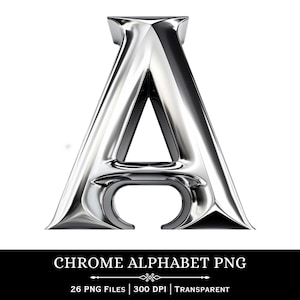 May include: A shiny, chrome letter "A" against a white background. The letter has a reflective surface, with highlights and shadows that give it a three-dimensional appearance. Below the letter is the text "CHROME ALPHABET PNG".