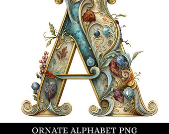 Utsmyckade vintagealfabet PNG | Dekorativa blombokstäver A-Ö | Sublimeringsclipart | Direktnedladdning