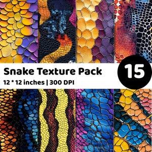 Puede incluir: Un conjunto de 15 texturas digitales de piel de serpiente en varios colores, incluyendo amarillo, morado, azul y naranja. Las texturas miden 30,48 x 30,48 cm y 300 DPI. Se muestra el texto "Snake Texture Pack".