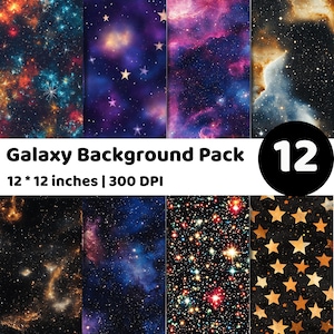 May include: A pack of 12 galaxy-themed digital backgrounds, each 12 x 12 inches, showcasing vibrant nebulae, stars, and cosmic patterns. The backgrounds feature a variety of colors, including blues, purples, oranges, and golds, with a high resolution of 300 DPI.