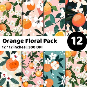 Könnte beinhalten: Eine Sammlung von 12 digitalen Papieren mit Orangen und weißen Blumenmustern auf verschiedenen Pastellhintergründen. Der Text "Orange Floral Pack" ist zu sehen, mit den Maßen 30,48 x 30,48 cm und 300 DPI.