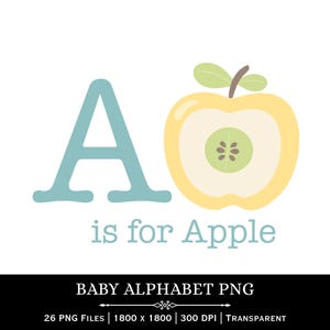 May include: A light blue letter "A" next to a yellow apple cut in half, revealing a green center. The text "is for Apple" is below the letter and fruit. The image is a baby alphabet design.