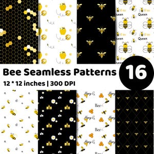 Pode incluir: Uma coleção de 16 padrões sem costura com tema de abelhas. Os designs incluem favos de mel, abelhas, potes de mel e elementos florais. Cada padrão tem 30,48 x 30,48 cm, com resolução de 300 DPI. A paleta de cores inclui preto, branco e dourado.