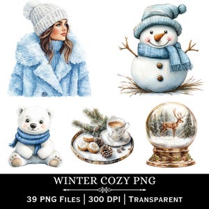 Op de afbeelding: Een verzameling winterse illustraties met een persoon in een lichtblauwe jas en muts, een sneeuwpop met een blauwe sjaal, een ijsbeer met een blauwe sjaal, een dienblad met koffie en koekjes, en een sneeuwbol met een hert.