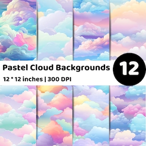 May include: A collection of 12 pastel cloud backgrounds in various colors, including pink, blue, and yellow. Each background is 12 x 12 inches and has a resolution of 300 DPI. The image features a variety of cloud formations.
