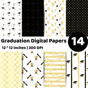 May include: A collection of 14 digital papers with graduation-themed patterns. Designs include graduation caps, diplomas, stars, and geometric shapes in gold and black. Each paper is 12 x 12 inches.