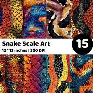 May include: A set of fifteen digital art prints showcasing detailed snake scale patterns in diverse colours. The prints are 30.48 x 30.48 cm and 300 DPI. The colour palette includes shades of orange, yellow, blue, purple, and black.