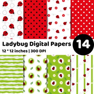 May include: A collection of 14 digital papers with ladybug and polka dot patterns. The papers feature red and white backgrounds with black ladybugs and dots. The text "Ladybug Digital Papers" is displayed.