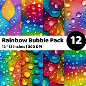 May include: A digital art pack featuring 12 vibrant, colorful bubble designs. Each design showcases a unique rainbow color palette with water droplet effects. The pack includes 12 x 12 inches images at 300 DPI.