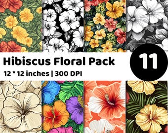 Hibiscus Flower Digital Paper | Tropical Floral Seamless Patterns | Botanical Printable Background Bundle