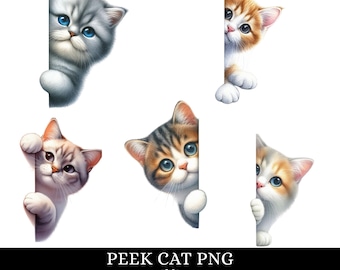 Pacchetto di clipart PNG di gattini che sbirciano ad acquerello / Grafiche adorabili di gatti per sublimazione (download digitale)