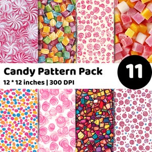 Puede incluir: Un paquete de patrones de caramelos con varios diseños coloridos. El paquete incluye patrones de caramelos de menta con remolinos, caramelos de goma coloridos y otras golosinas. Se muestra el texto "Candy Pattern Pack", junto con las dimensiones 30,48 x 30,48 cm.