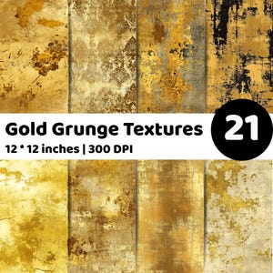 May include: A set of 21 gold grunge textures, each 30.48 x 30.48 cm, with a 300 DPI resolution. The textures showcase distressed and aged gold designs, with brown and black accents, offering a vintage and worn appearance.