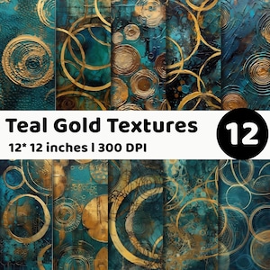 May include: A collection of twelve digital background textures featuring abstract gold circular patterns layered over deep teal and dark blue surfaces. The image includes the text Teal Gold Textures 12* 12 inches I 300 DPI and a black circle with the number 12.
