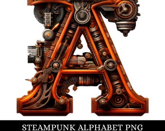 Steampunk-alfabetet PNG | Mekaniska bokstäver Clipart | Industriell sublimeringsdesign för typsnitt | Direkt nedladdning