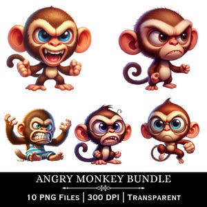 May include: A digital art bundle featuring six cartoon monkeys with angry expressions. The monkeys are brown with various eye colors and poses, some wearing glasses or clothing. The text "ANGRY MONKEY BUNDLE" is at the bottom, along with file details.