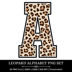 May include: A capital letter "A" with a leopard print pattern, outlined in black. The leopard print features tan and brown spots on a beige background. The text "LEOPARD ALPHABET PNG SET" is at the bottom, along with file details.