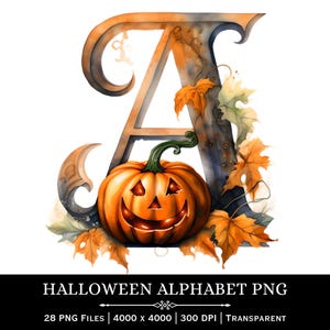 May include: Watercolor illustration of the letter "A" with a carved pumpkin and autumn leaves. The letter is orange and gray, with a carved pumpkin with a smiling face. The image includes the text "HALLOWEEN ALPHABET PNG".