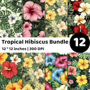May include: A digital bundle featuring 12 tropical hibiscus patterns. Each design showcases vibrant hibiscus flowers in shades of red, pink, yellow, and blue, set against lush green foliage. The patterns are 12 x 12 inches and 300 DPI.
