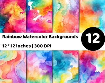 May include: A collection of 12 rainbow watercolor backgrounds. Each design features vibrant colors and abstract patterns. The text reads "Rainbow Watercolor Backgrounds" and "12 x 12 inches | 300 DPI". The backgrounds are suitable for various creative projects.