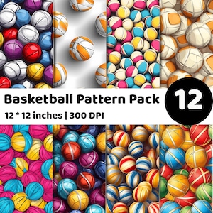 May include: A digital art pack showcasing 12 basketball patterns in diverse colours. The patterns feature basketballs in red, blue, yellow, orange, and purple. The image text reads "Basketball Pattern Pack 12 * 12 inches | 300 DPI".