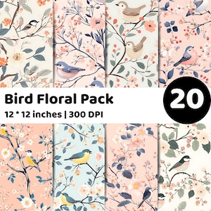 May include: A collection of 20 digital papers featuring bird and floral designs. Each paper has a 12 x 12 inch size and 300 DPI resolution. The designs include birds perched on branches with flowers in various colors.