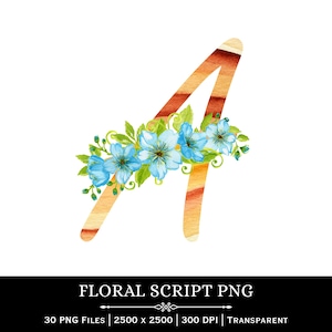Könnte beinhalten: Aquarellbuchstabe "A" mit floralem Design. Der Buchstabe ist in warmen Braun- und Gelbtönen gehalten, mit einem Cluster aus hellblauen Blumen und grünen Blättern. Der Text "FLORAL SCRIPT PNG" befindet sich unten.