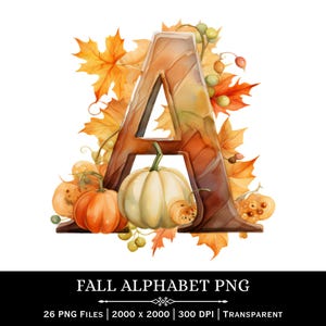 Könnte beinhalten: Aquarell-Illustration des Buchstabens "A" im Herbstthema. Der Buchstabe ist braun mit Holzmaserung, umgeben von orangefarbenen und gelben Herbstblättern, Kürbissen und dem Text "FALL ALPHABET PNG".