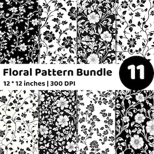 May include: A collection of eleven black and white floral patterns. Each design displays intricate floral and leaf arrangements. The image includes text that reads "Floral Pattern Bundle 12 * 12 inches | 300 DPI", with each pattern measuring 30.48 cm x 30.48 cm.