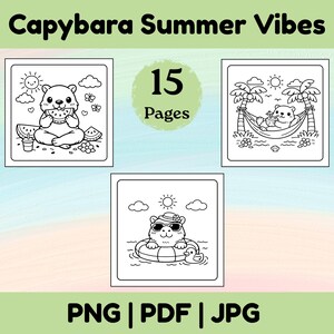 May include: A digital coloring book set titled Capybaras Summer Vibes containing 15 pages in PNG, PDF, and JPG formats. The black and white line art features capybaras eating watermelon, relaxing in a hammock, and floating in a pool with a rubber duck.
