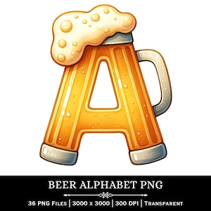 以下が含まれることがあります： ビールジョッキの形をした文字A。取っ手と泡が付いています。文字は金色がかった黄色で、濃い黄色のアクセントがあります。画像には「BEER ALPHABET PNG」というテキストが含まれています。