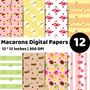May include: A collection of 12 digital papers with colorful macaron patterns. The papers feature various designs, including polka dots, stripes, and heart motifs, with a size of 12 x 12 inches.