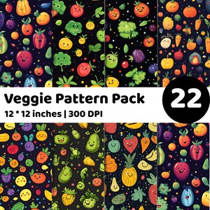 May include: A set of 22 digital veggie pattern designs. Each pattern features cartoon-style vegetables in various colours on a dark background. The text "Veggie Pattern Pack" is displayed, along with dimensions of 30.48 x 30.48 cm.